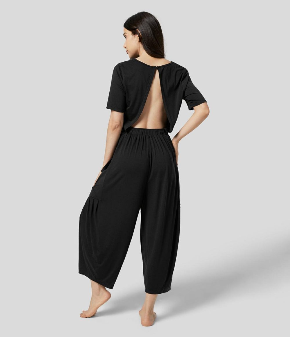 Backless Plicated Side Pocket Relax Casual Jumpsuit  | Womens  Dressey Jumpsuits Clothing Dressey Jumpsuits