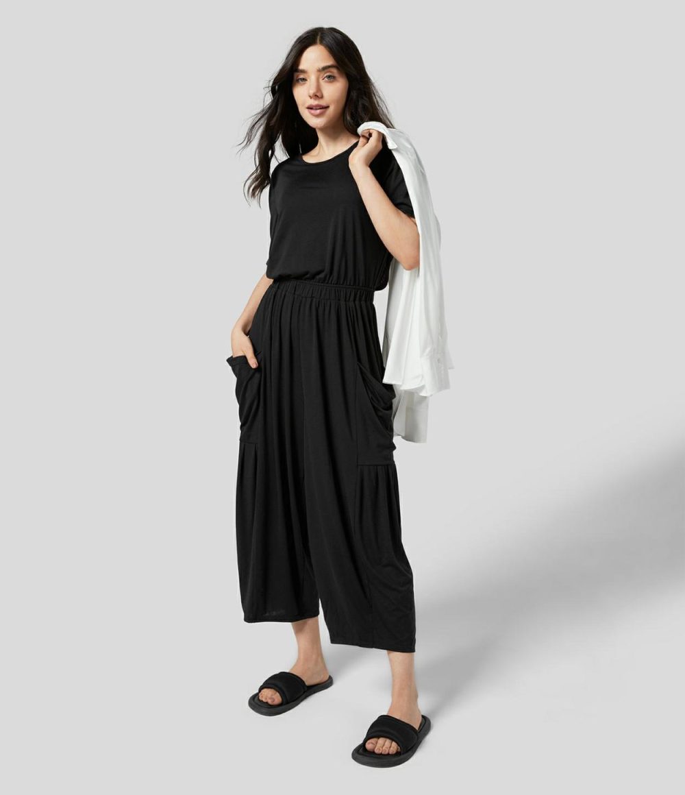 Backless Plicated Side Pocket Relax Casual Jumpsuit  | Womens  Dressey Jumpsuits Clothing Dressey Jumpsuits