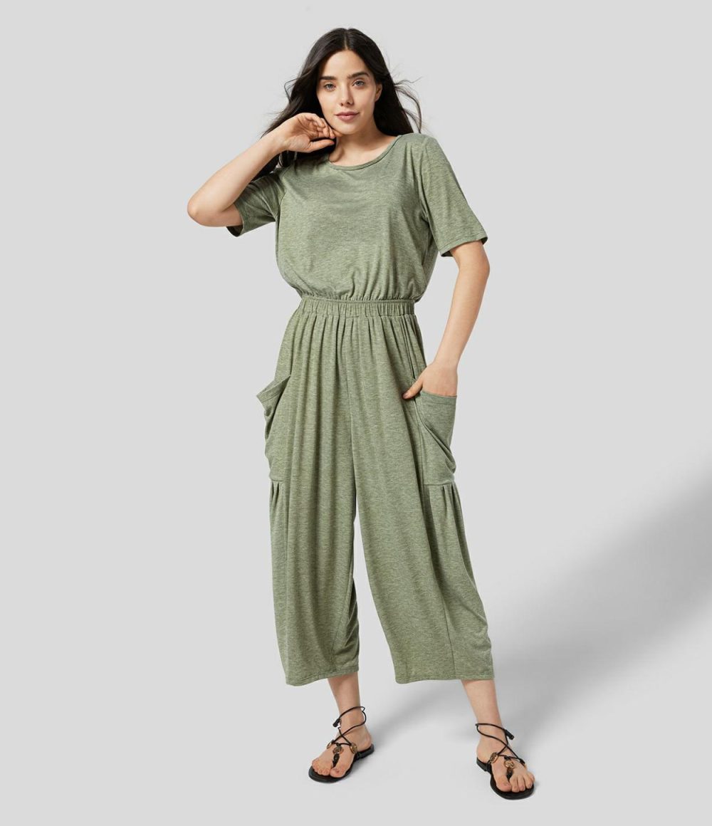 Backless Plicated Side Pocket Relax Casual Jumpsuit  | Womens  Dressey Jumpsuits Clothing Dressey Jumpsuits