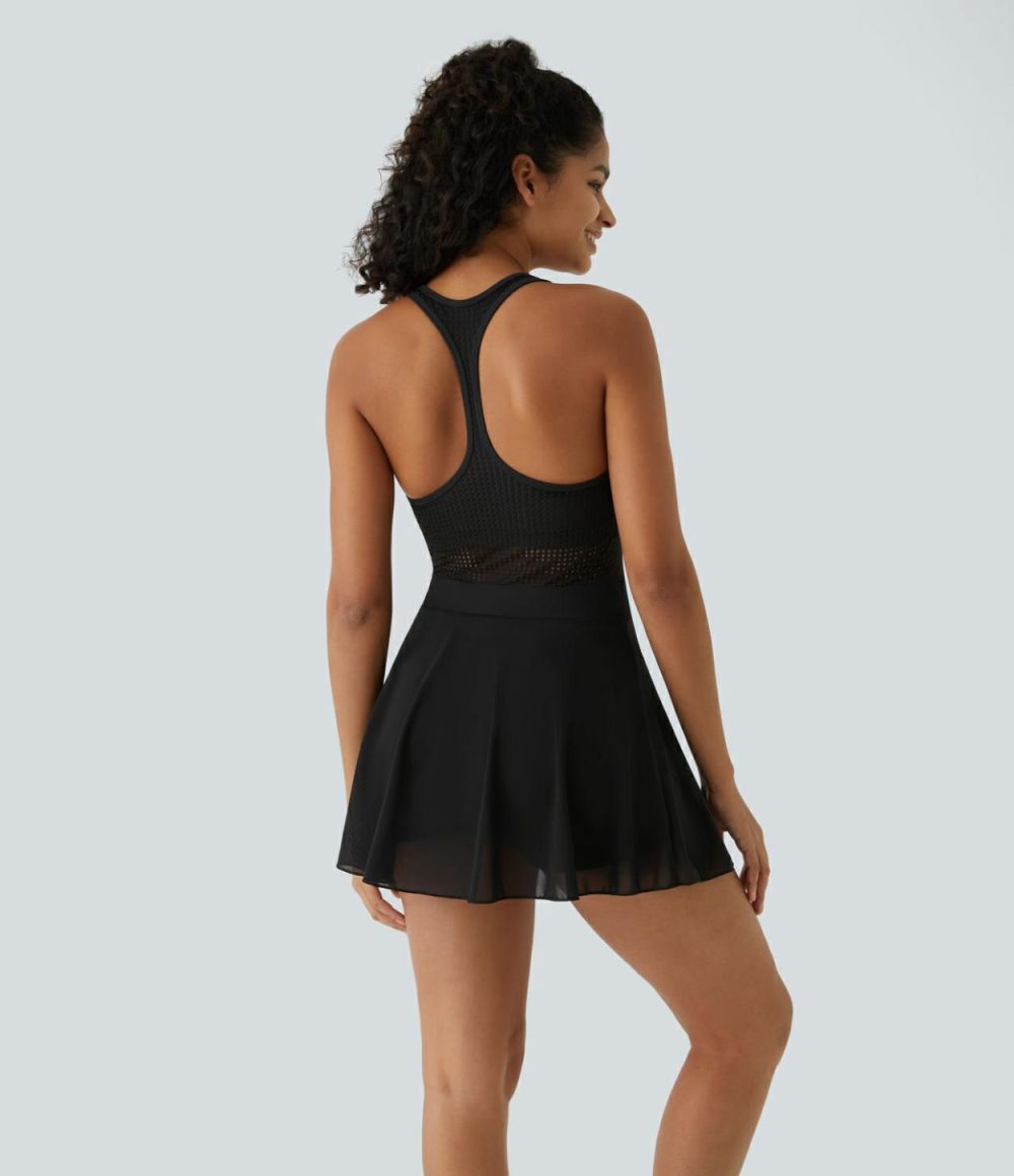 Backless Racerback 2-in-1 Side Pocket Contrast Mesh Quick Dry Mini Tennis Active Dress  | Womens  Active Dresses Active Dresses Active Dresses