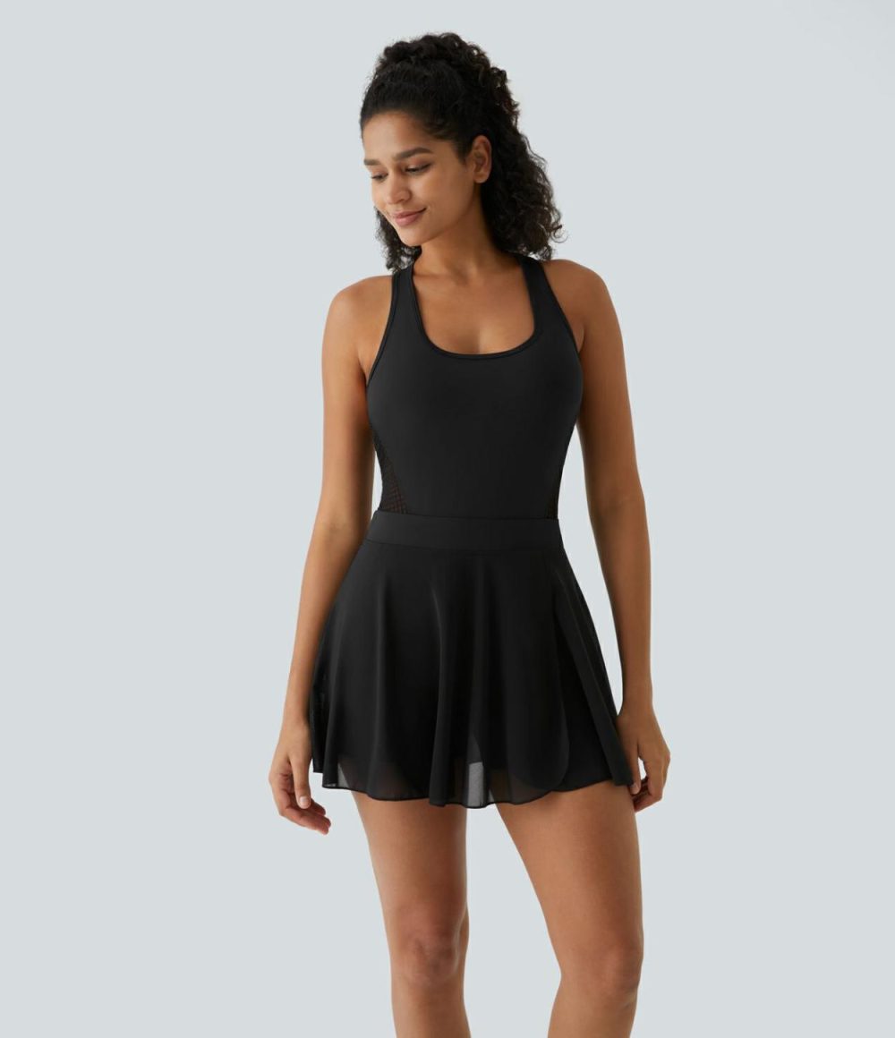 Backless Racerback 2-in-1 Side Pocket Contrast Mesh Quick Dry Mini Tennis Active Dress  | Womens  Active Dresses Active Dresses Active Dresses