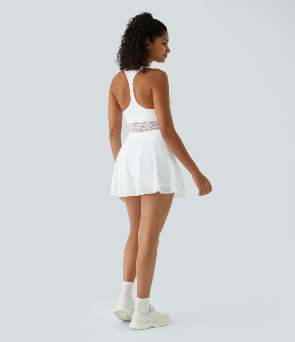 Backless Racerback 2-in-1 Side Pocket Contrast Mesh Quick Dry Mini Tennis Active Dress  | Womens  Active Dresses Active Dresses Active Dresses