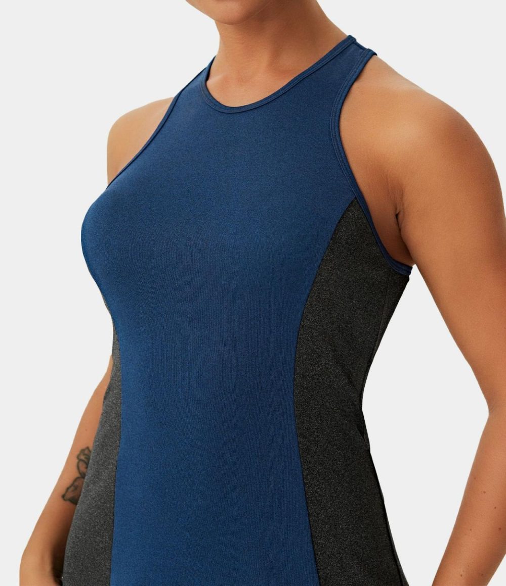 Backless Racerback Color Block Mini Tank Yoga Active Dress  | Womens  Active Dresses Active Dresses Active Dresses