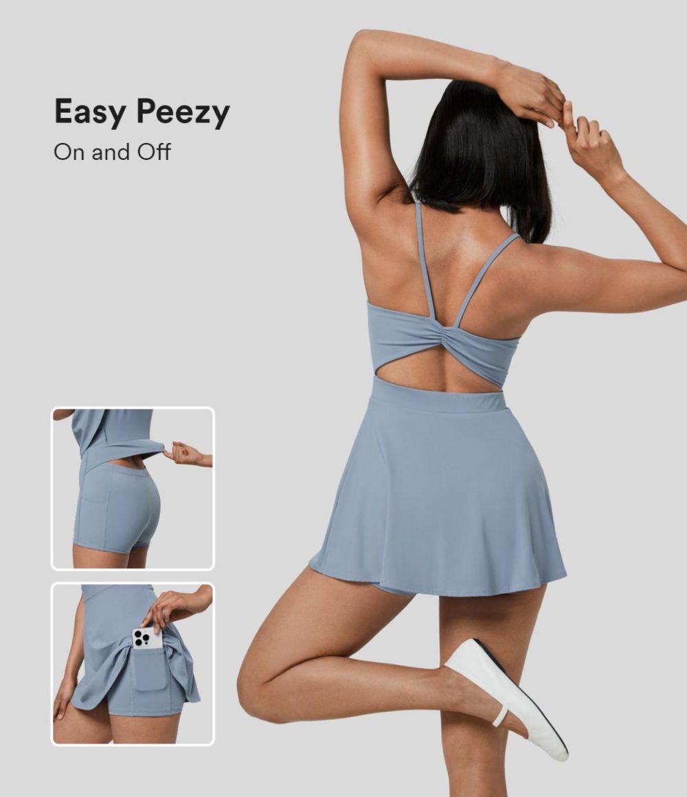 Backless Ruched 2-in-1 Side Pocket Mini Slip Casual Dress-Easy Peezy Edition  | Womens  Active Dresses Active Dresses Active Dresses