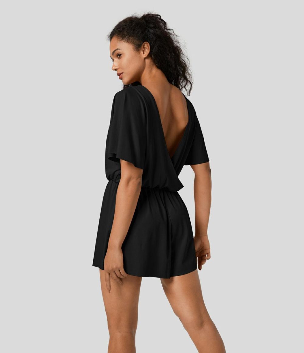 Backless Ruffle Short Sleeve Dance Romper  | Womens  Rompers Clothing Innuendo/Black