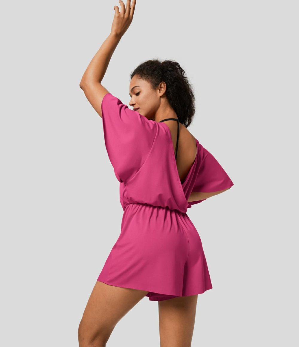 Backless Ruffle Short Sleeve Dance Romper  | Womens  Rompers Clothing Innuendo/Black