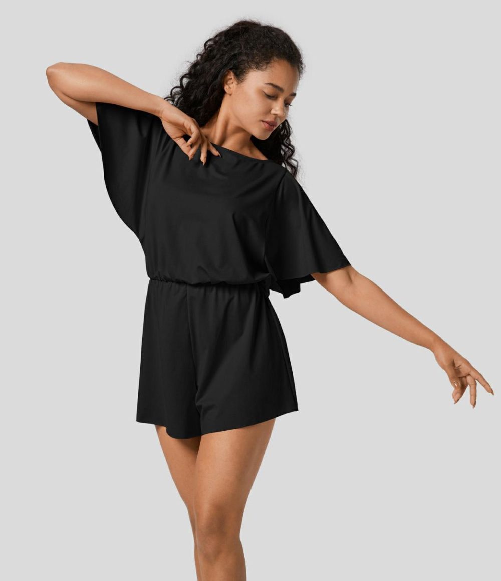 Backless Ruffle Short Sleeve Dance Romper  | Womens  Rompers Clothing Innuendo/Black