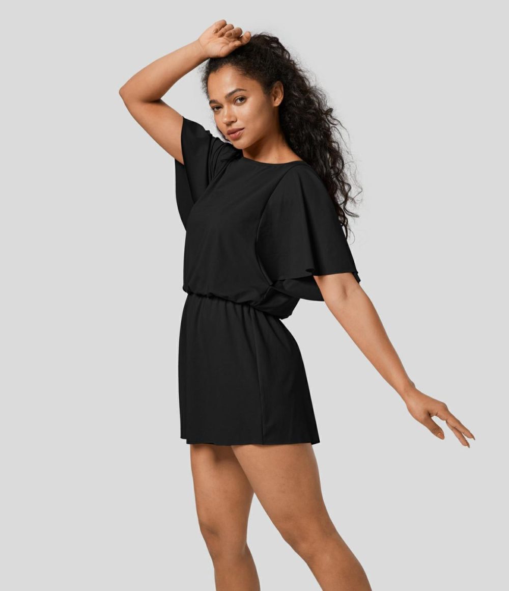 Backless Ruffle Short Sleeve Dance Romper  | Womens  Rompers Clothing Innuendo/Black