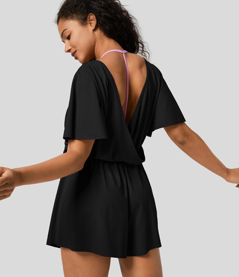 Backless Ruffle Short Sleeve Dance Romper  | Womens  Rompers Clothing Innuendo/Black