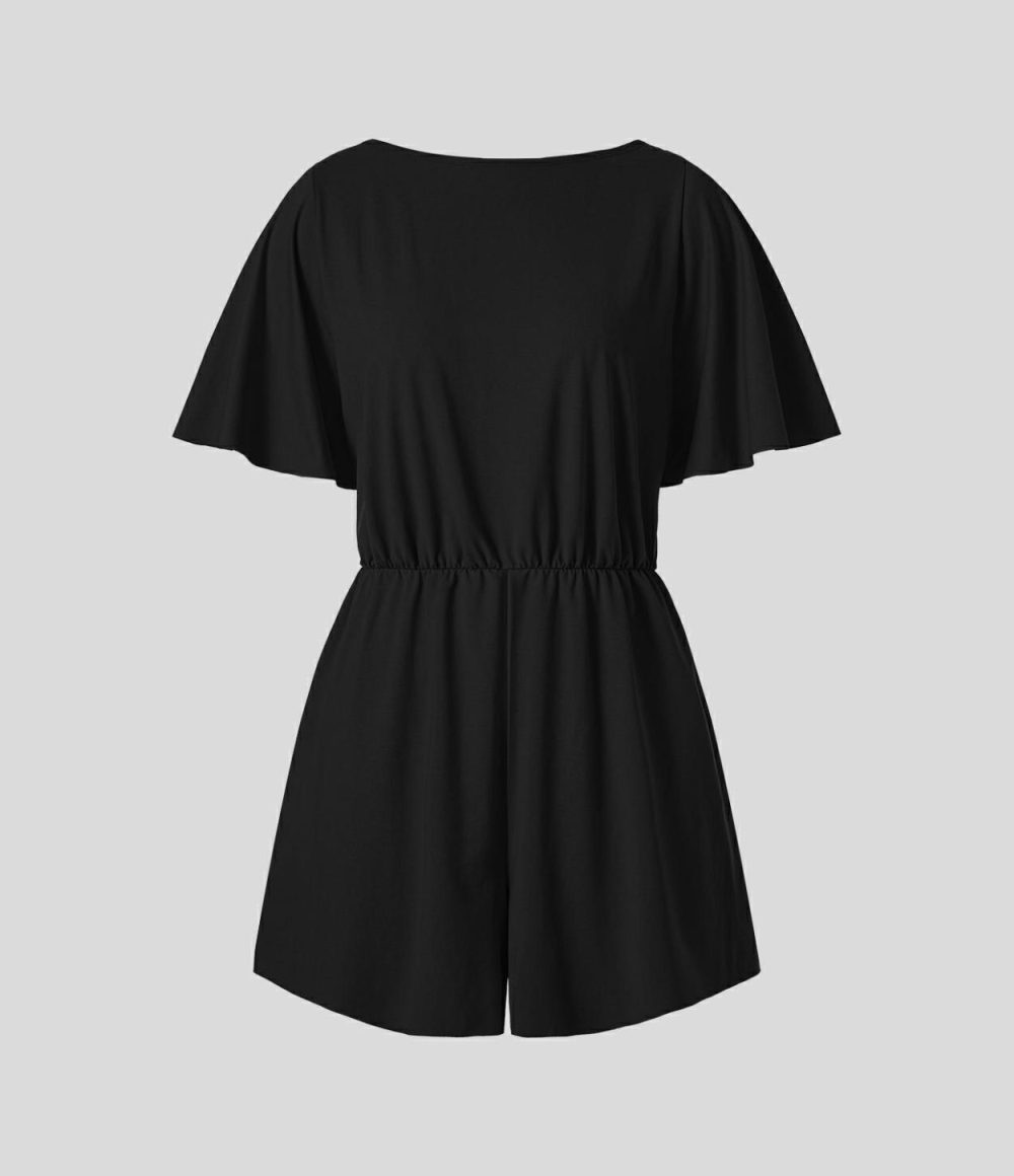 Backless Ruffle Short Sleeve Dance Romper  | Womens  Rompers Clothing Innuendo/Black