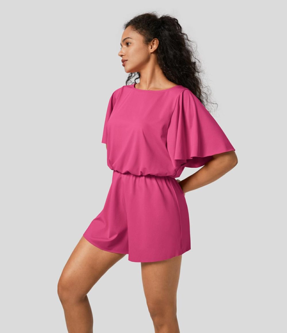 Backless Ruffle Short Sleeve Dance Romper  | Womens  Rompers Clothing Innuendo/Black