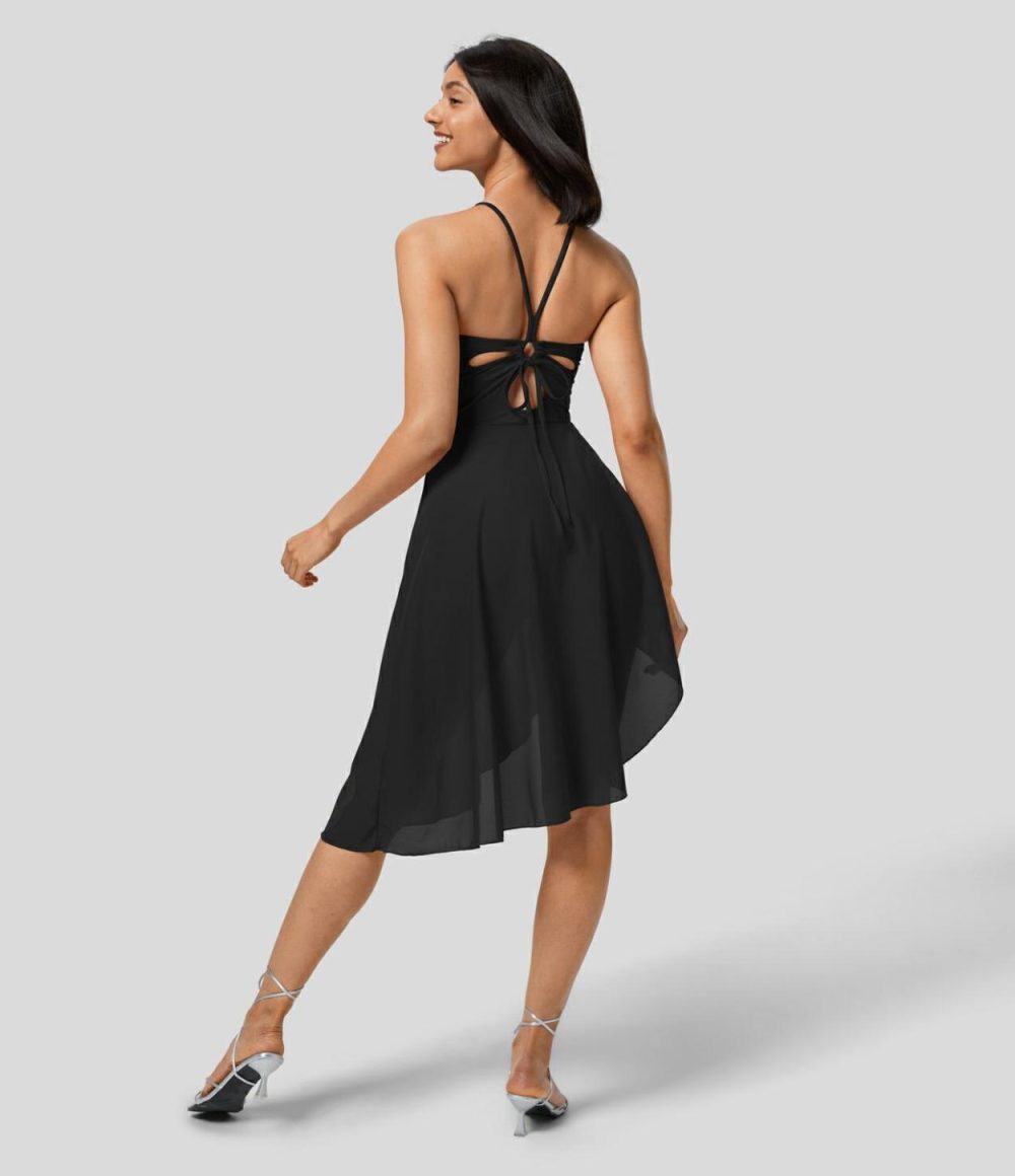 Backless Tie Back Contrast Mesh Asymmetric Hem 2-in-1 Flowy Slip Dance Active Dress  | Womens  Active Dresses Active Dresses Active Dresses