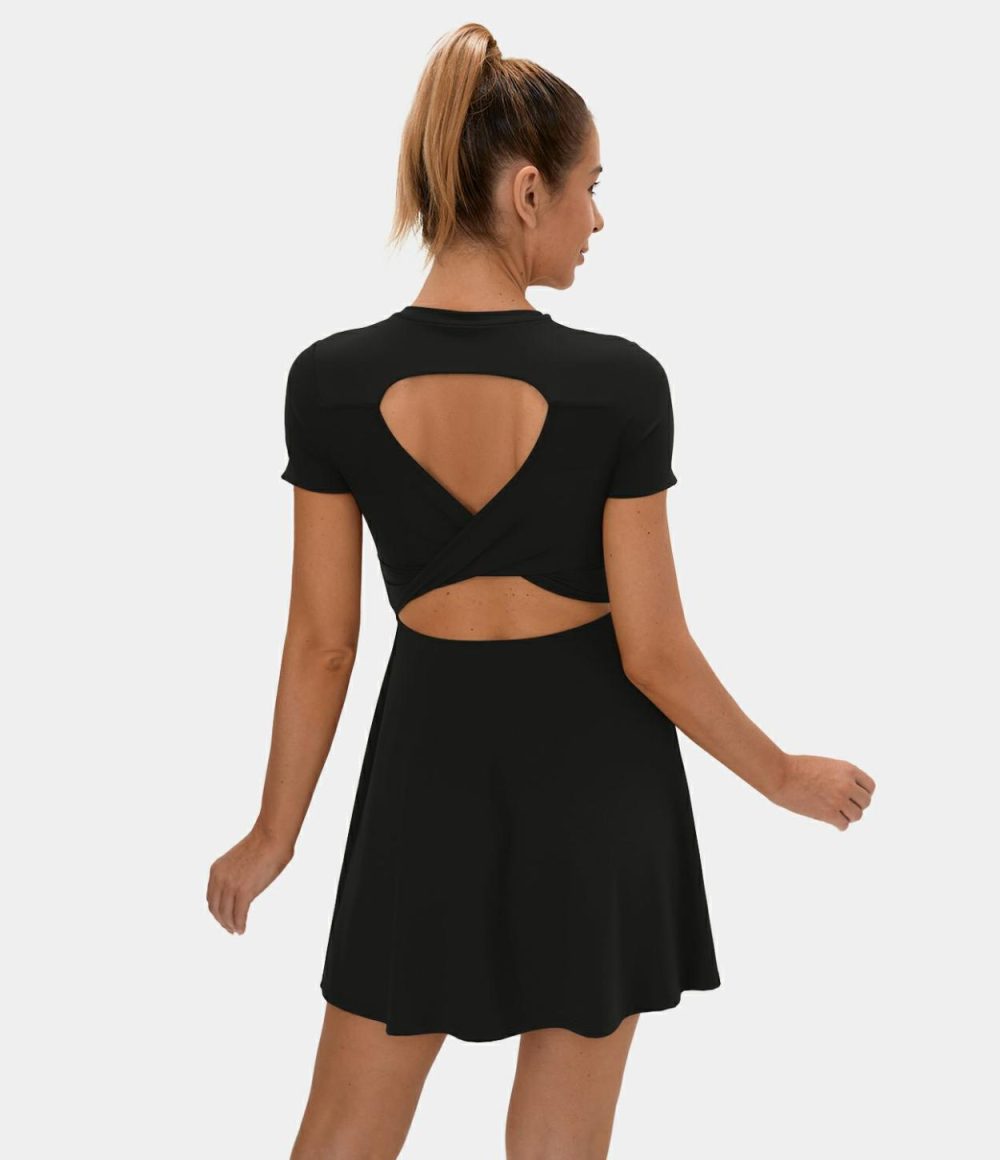 Backless Twisted Cut Out Flare Mini Dance Active Dress  | Womens  Active Dresses Active Dresses Active Dresses