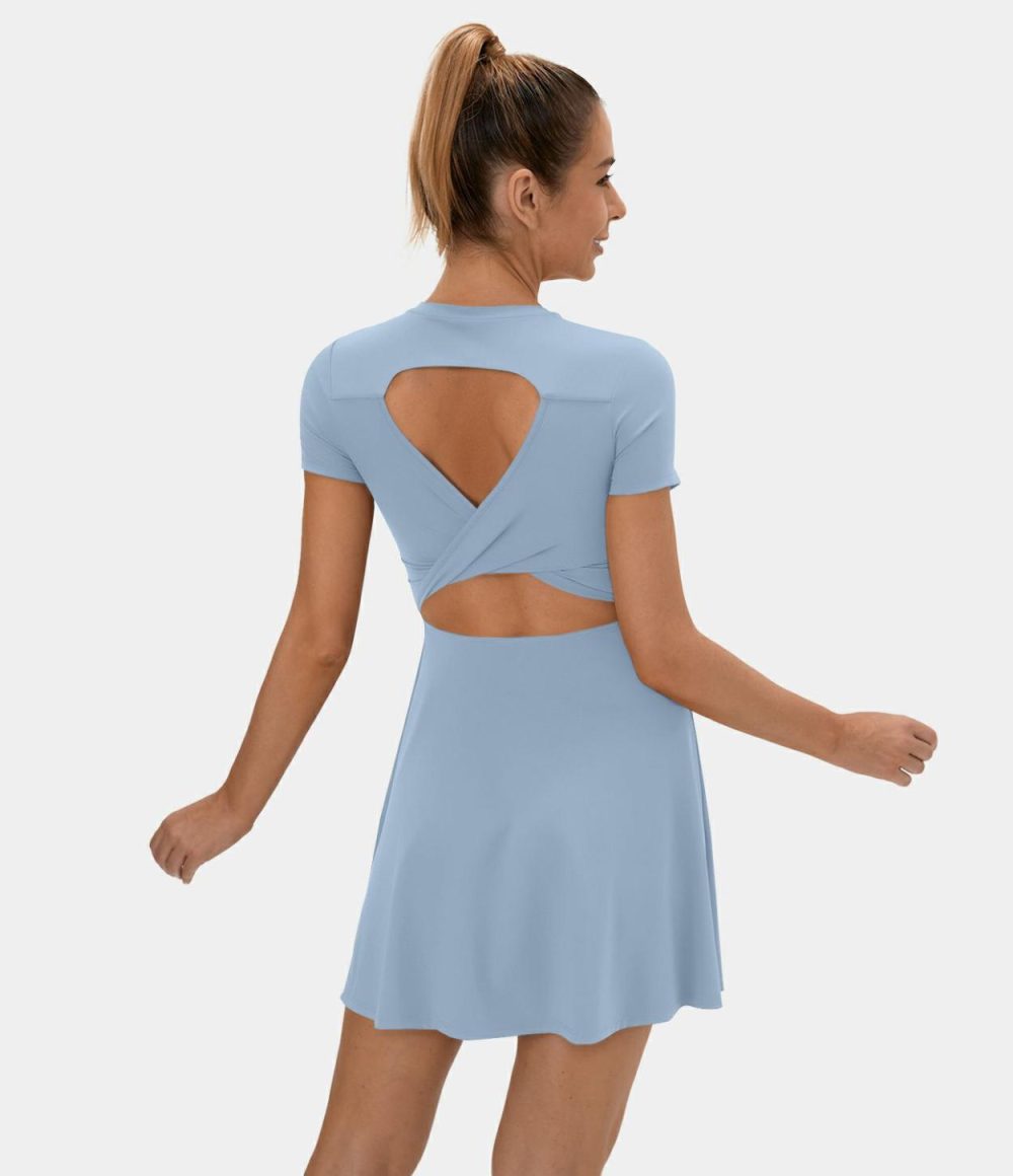 Backless Twisted Cut Out Flare Mini Dance Active Dress  | Womens  Active Dresses Active Dresses Active Dresses