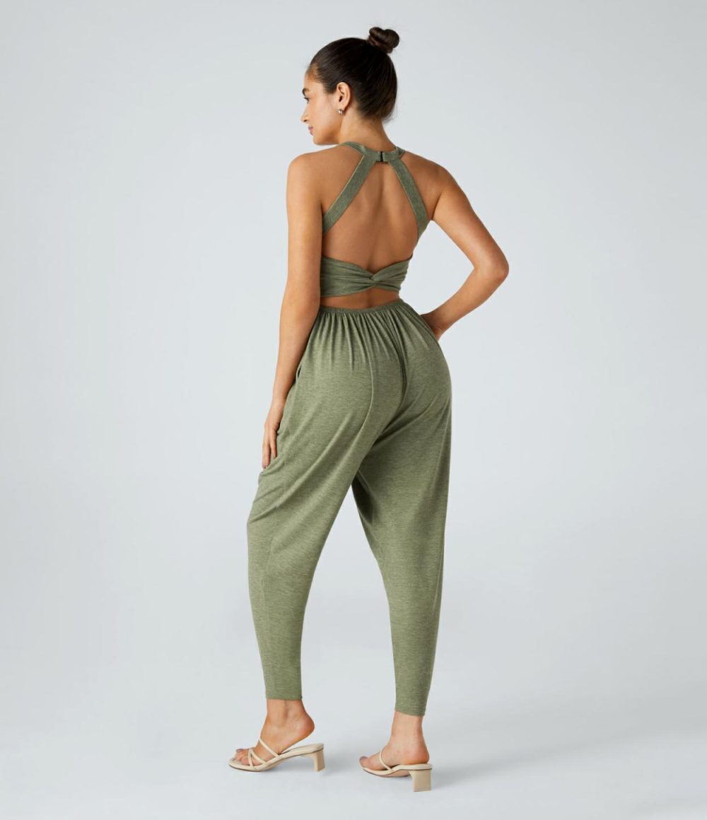 Backless Twisted U Neck Plicated Side Pocket Harem Casual Jumpsuit  | Womens  Dressey Jumpsuits Clothing Dressey Jumpsuits