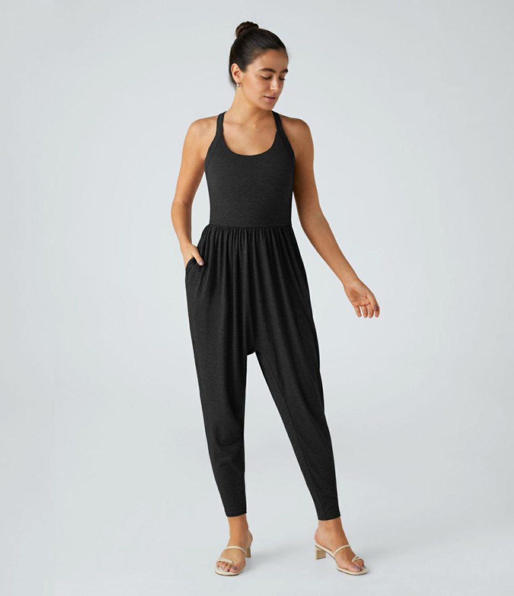 Backless Twisted U Neck Plicated Side Pocket Harem Casual Jumpsuit  | Womens  Dressey Jumpsuits Clothing Dressey Jumpsuits