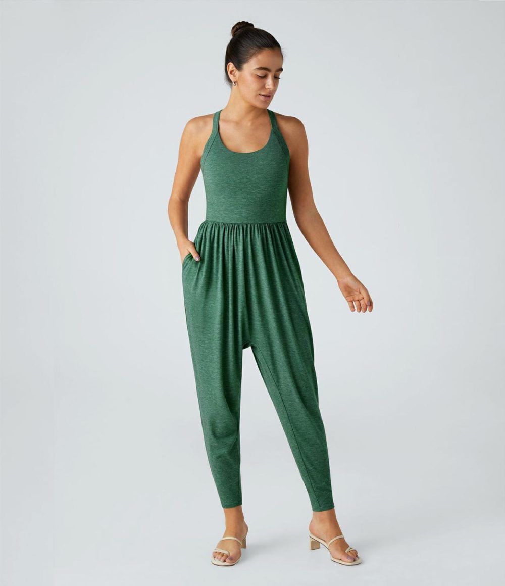 Backless Twisted U Neck Plicated Side Pocket Harem Casual Jumpsuit  | Womens  Dressey Jumpsuits Clothing Dressey Jumpsuits