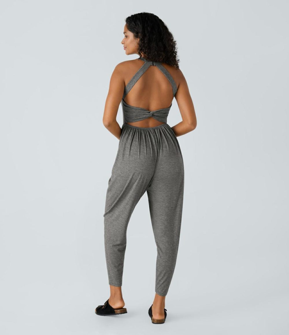 Backless Twisted U Neck Plicated Side Pocket Harem Casual Jumpsuit  | Womens  Dressey Jumpsuits Clothing Dressey Jumpsuits