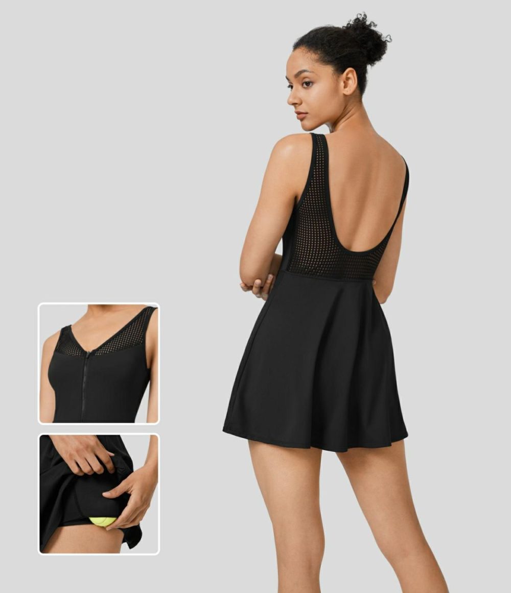 Backless Zipper Contrast Mesh 2-in-1 Pocket Quick Dry Mini Tank Tennis Active Dress  | Womens  Active Dresses Active Dresses Active Dresses