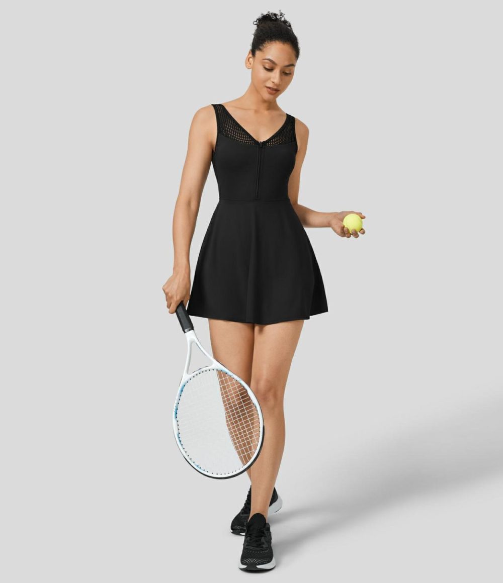 Backless Zipper Contrast Mesh 2-in-1 Pocket Quick Dry Mini Tank Tennis Active Dress  | Womens  Active Dresses Active Dresses Active Dresses