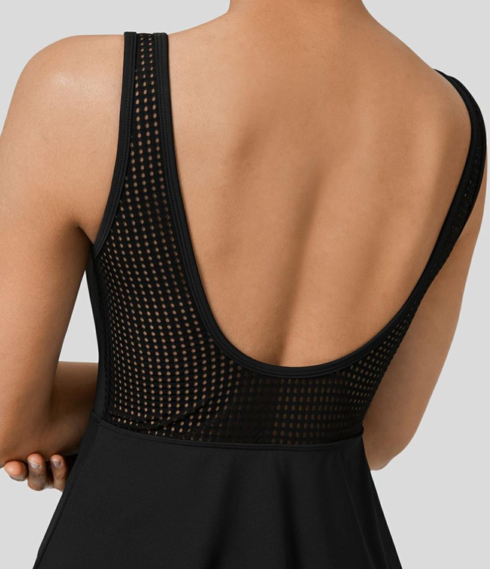 Backless Zipper Contrast Mesh 2-in-1 Pocket Quick Dry Mini Tank Tennis Active Dress  | Womens  Active Dresses Active Dresses Active Dresses