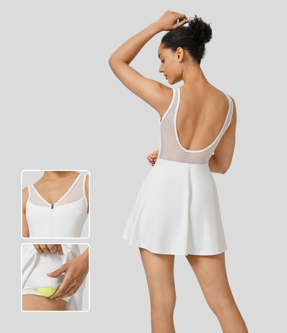 Backless Zipper Contrast Mesh 2-in-1 Pocket Quick Dry Mini Tank Tennis Active Dress  | Womens  Active Dresses Active Dresses Active Dresses