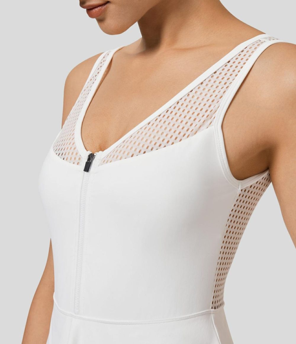 Backless Zipper Contrast Mesh 2-in-1 Pocket Quick Dry Mini Tank Tennis Active Dress  | Womens  Active Dresses Active Dresses Active Dresses