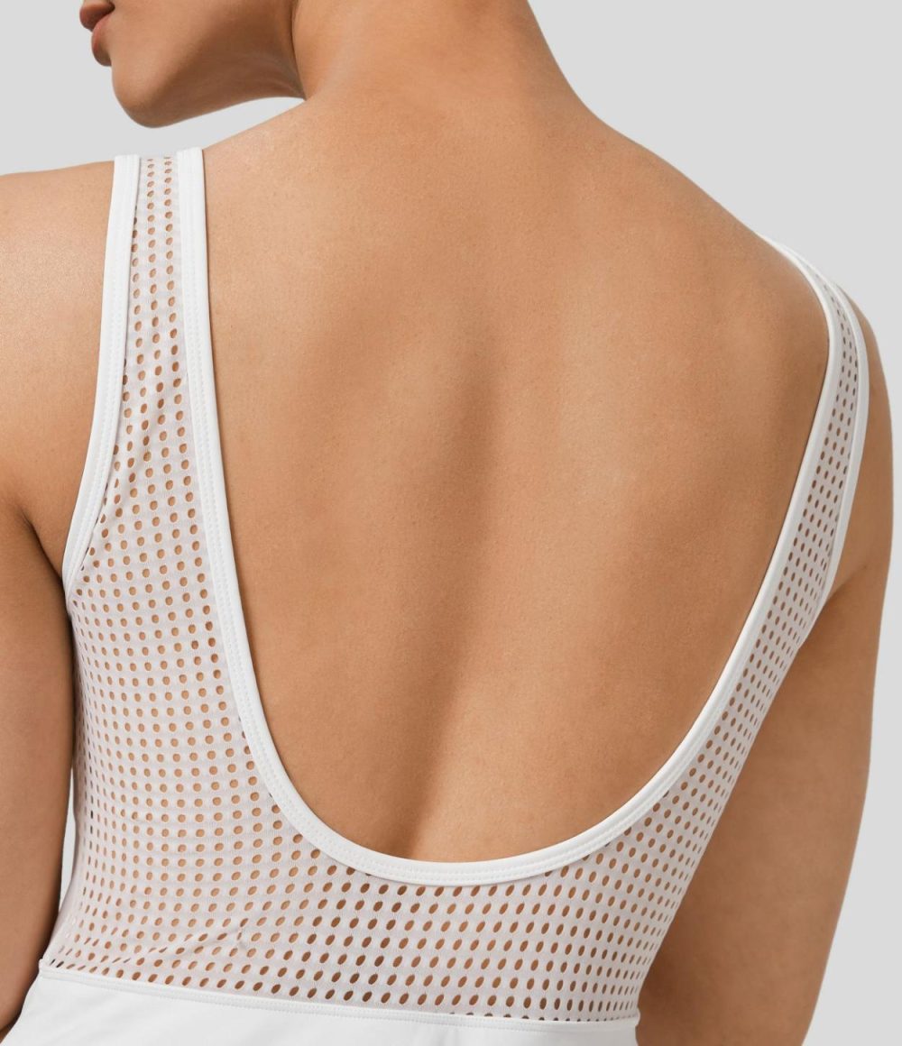 Backless Zipper Contrast Mesh 2-in-1 Pocket Quick Dry Mini Tank Tennis Active Dress  | Womens  Active Dresses Active Dresses Active Dresses