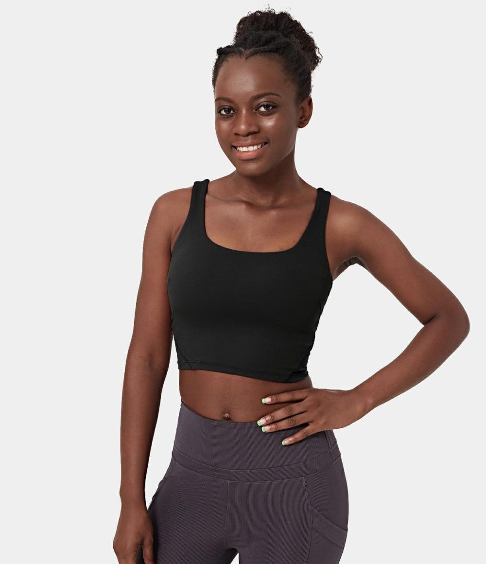 Basic Solid U Neck Workout Cropped Tank Top  | Womens  Cropped Tops Clothing Black/Celadon/Royal Purple