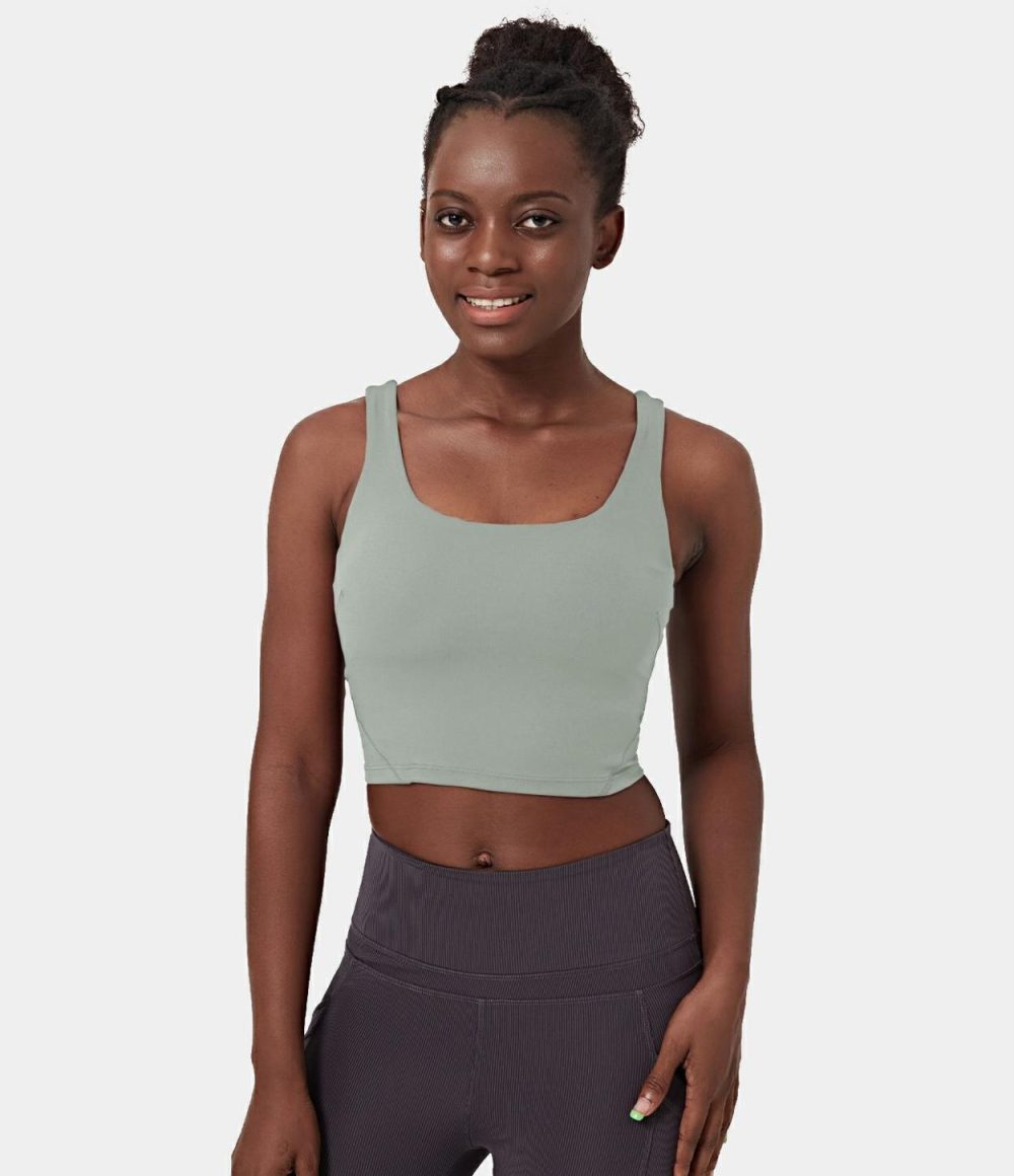 Basic Solid U Neck Workout Cropped Tank Top  | Womens  Cropped Tops Clothing Celadon/Black/Royal Purple