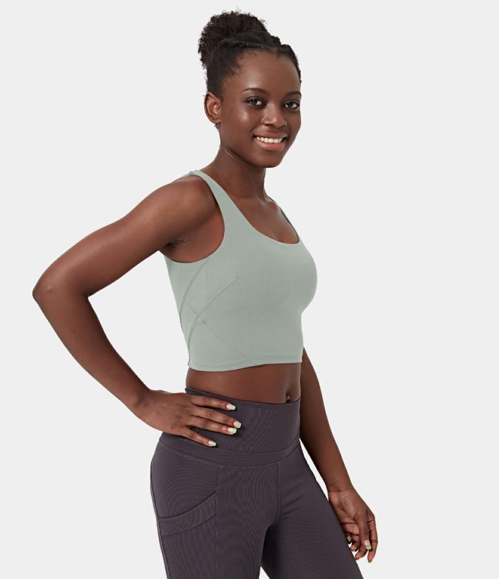 Basic Solid U Neck Workout Cropped Tank Top  | Womens  Cropped Tops Clothing Celadon/Black/Royal Purple