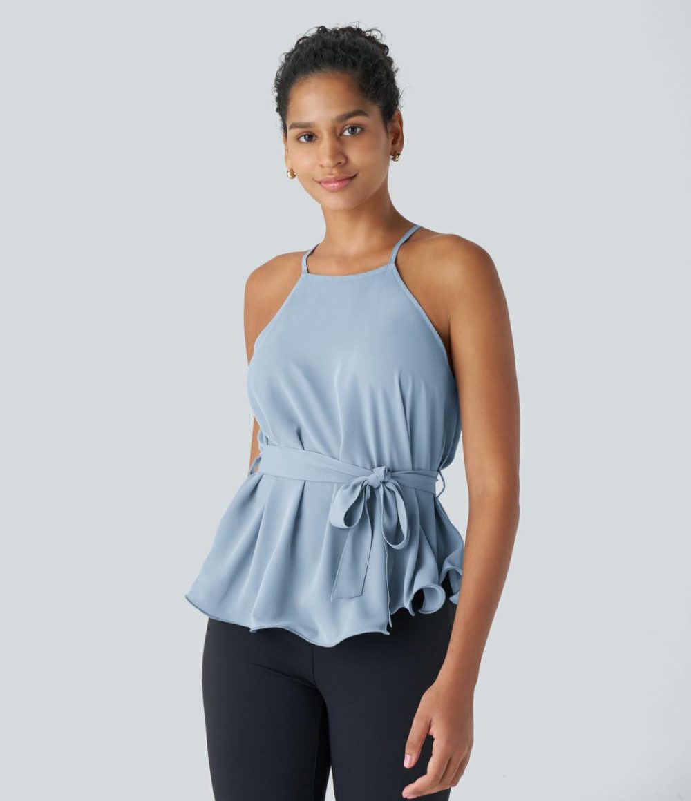 Belted Tie Ruffle Hem Work Cami Top  | Womens  T-Shirts Clothing Skyride/Black