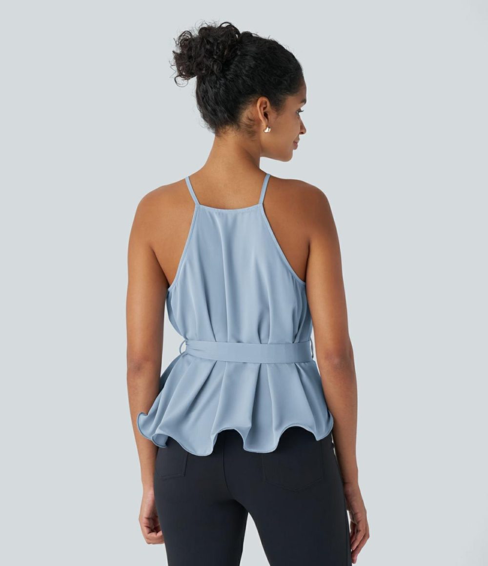 Belted Tie Ruffle Hem Work Cami Top  | Womens  T-Shirts Clothing Skyride/Black