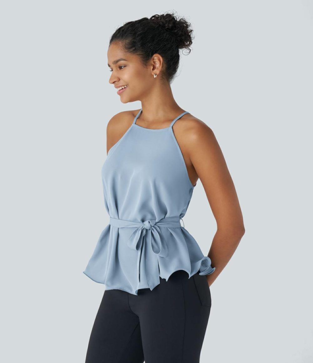 Belted Tie Ruffle Hem Work Cami Top  | Womens  T-Shirts Clothing Skyride/Black