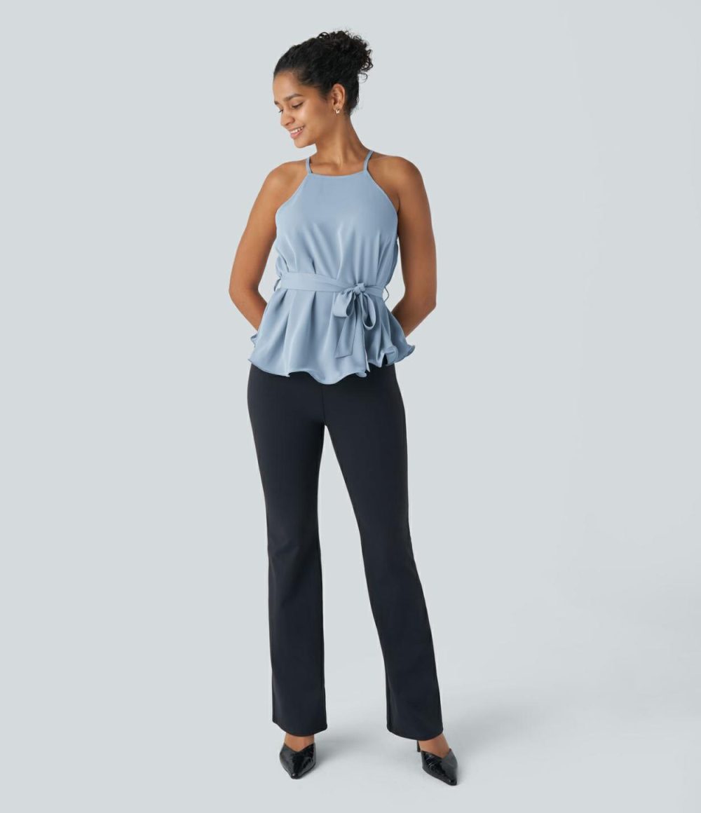 Belted Tie Ruffle Hem Work Cami Top  | Womens  T-Shirts Clothing Skyride/Black