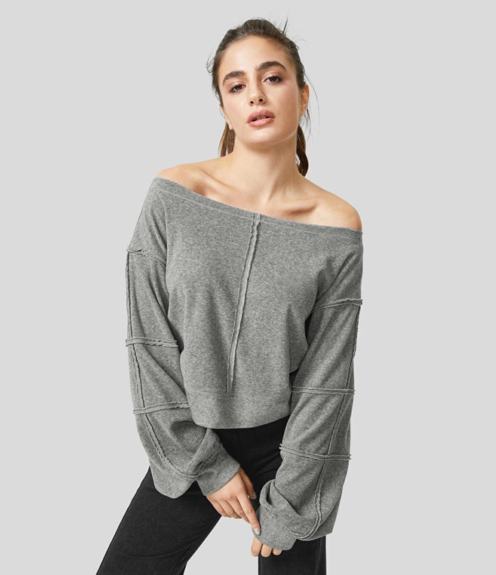 Boat Neck Bishop Sleeve Raw Trim Casual Sweatshirt  | Womens  Long Sleeve Tops Clothing Dark Mottled Grey/Apricot Flower Gray