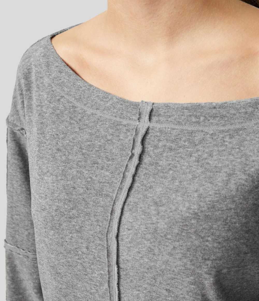 Boat Neck Bishop Sleeve Raw Trim Casual Sweatshirt  | Womens  Long Sleeve Tops Clothing Dark Mottled Grey/Apricot Flower Gray