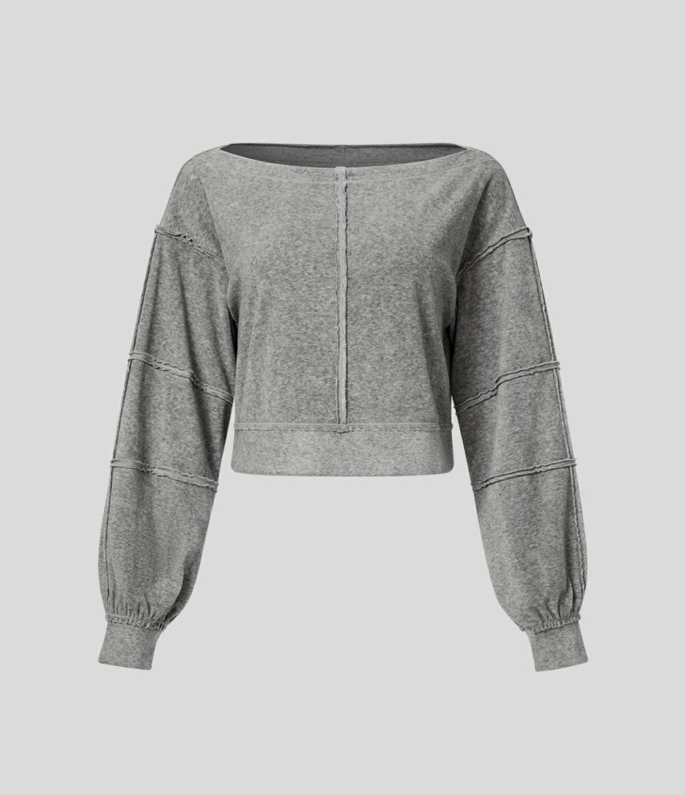 Boat Neck Bishop Sleeve Raw Trim Casual Sweatshirt  | Womens  Long Sleeve Tops Clothing Dark Mottled Grey/Apricot Flower Gray