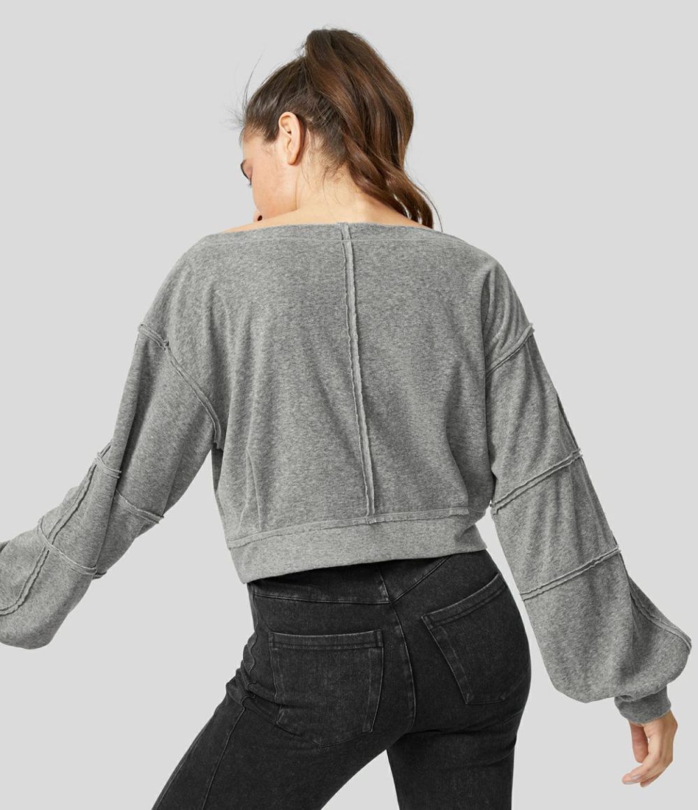 Boat Neck Bishop Sleeve Raw Trim Casual Sweatshirt  | Womens  Long Sleeve Tops Clothing Dark Mottled Grey/Apricot Flower Gray