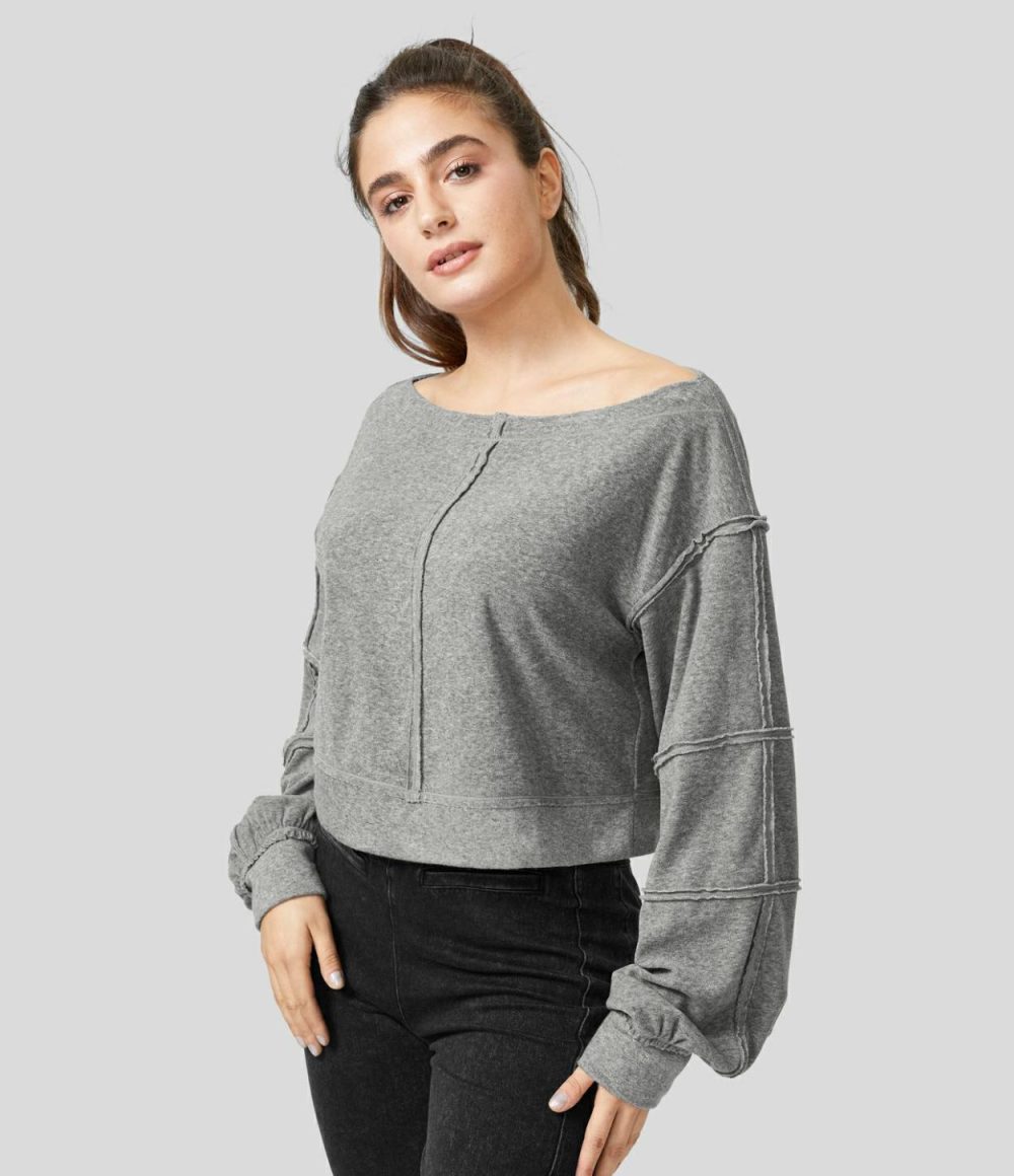 Boat Neck Bishop Sleeve Raw Trim Casual Sweatshirt  | Womens  Long Sleeve Tops Clothing Dark Mottled Grey/Apricot Flower Gray