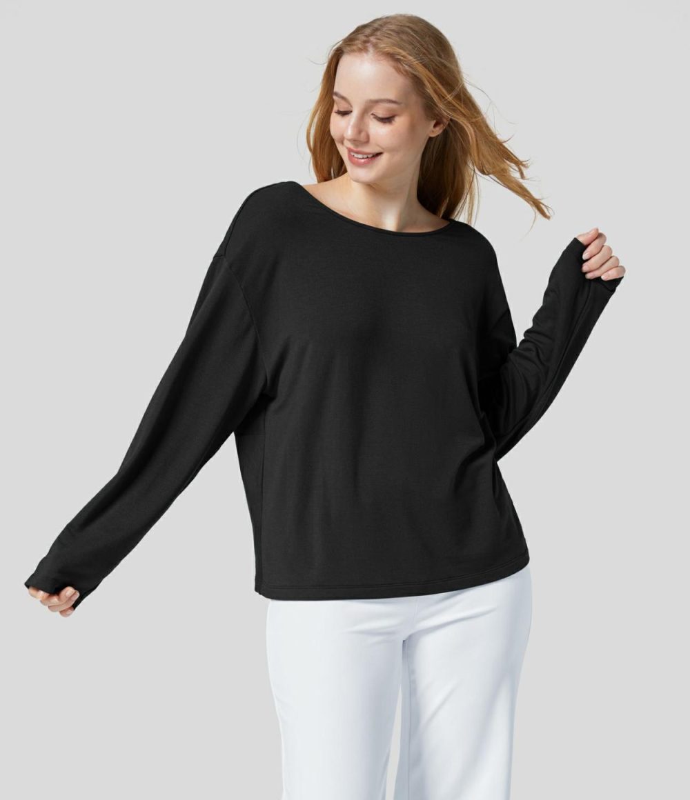 Boat Neck Long Sleeve Twisted Solid Casual Sweatshirt  | Womens  Long Sleeve Tops Clothing Black/Storm