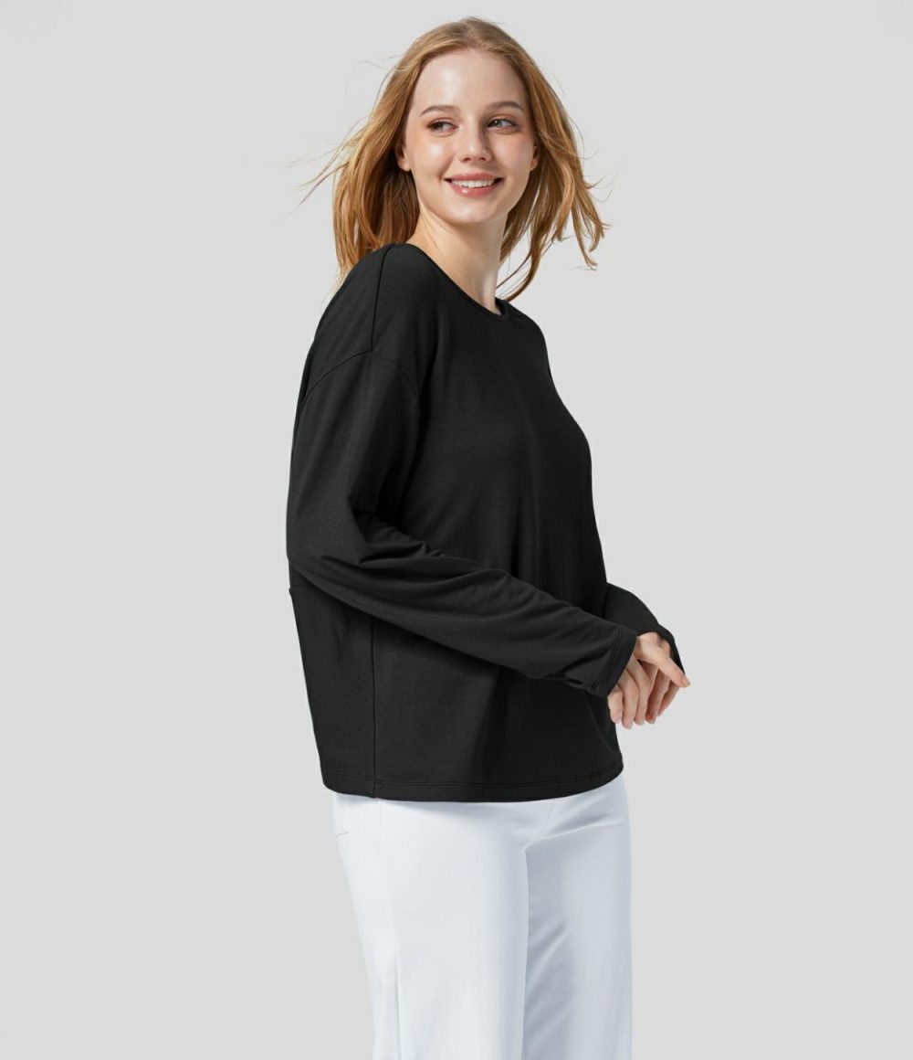 Boat Neck Long Sleeve Twisted Solid Casual Sweatshirt  | Womens  Long Sleeve Tops Clothing Black/Storm