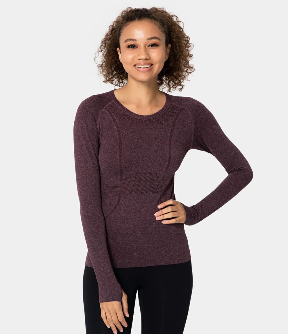 Breathable Round Neck Thumb Hole Sports Top  | Womens  Sports Tops Clothing Jam/Black/Brown/Grey Green/Blue Grey