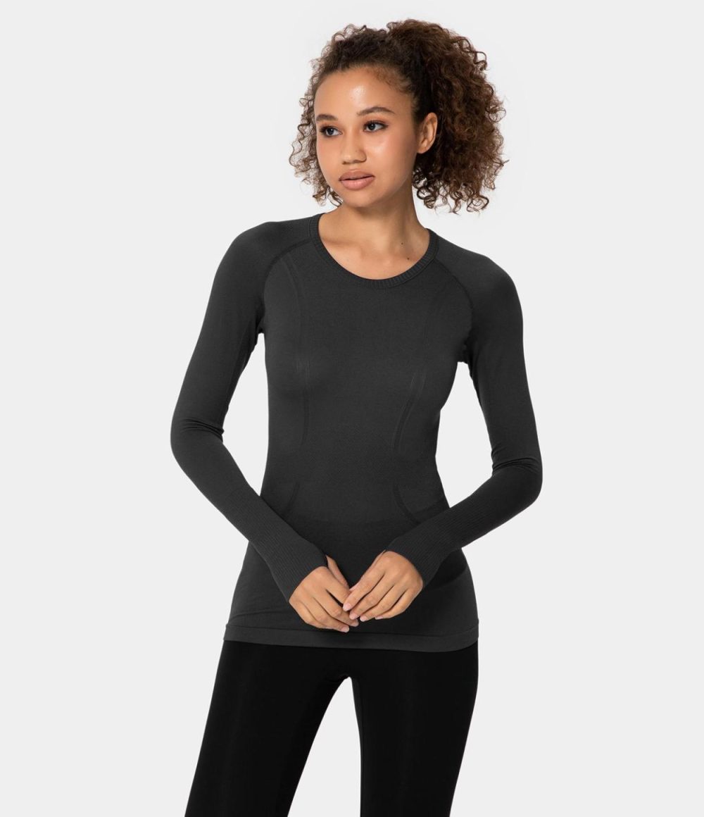 Breathable Round Neck Thumb Hole Sports Top  | Womens  Sports Tops Clothing Jam/Black/Brown/Grey Green/Blue Grey