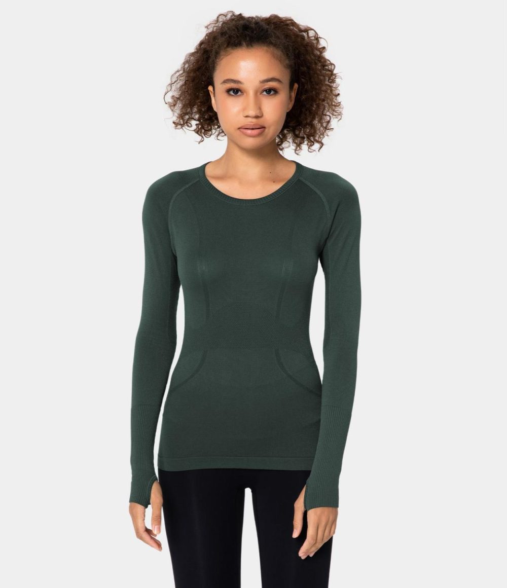 Breathable Round Neck Thumb Hole Sports Top  | Womens  Sports Tops Clothing Jam/Black/Brown/Grey Green/Blue Grey