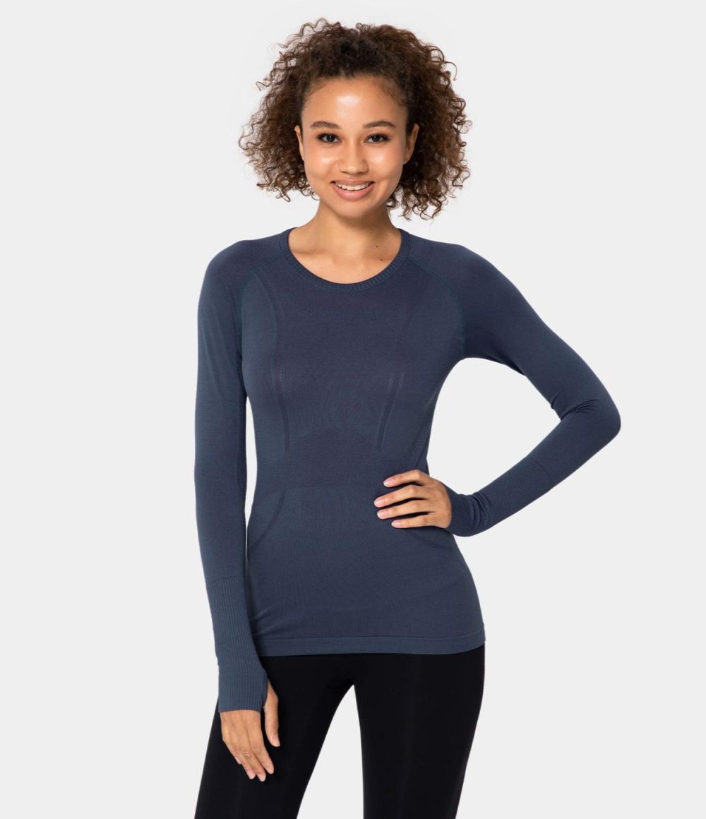 Breathable Round Neck Thumb Hole Sports Top  | Womens  Sports Tops Clothing Jam/Black/Brown/Grey Green/Blue Grey