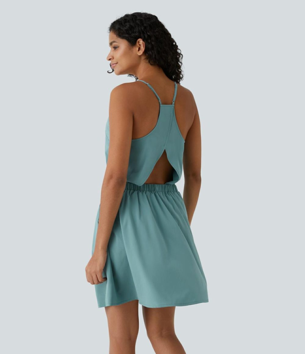 Breezeful™ Adjustable Strap Backless Cut Out Side Pocket Pleated Mini Quick Dry Casual Dress  | Womens  Mini Dresses Clothing Mineral Blue/Black/Thin Ice Blue/Deep Crimson/Black Diamond Blue/Ghost Gray/Flame Red/Blush Orange/Peach Melba