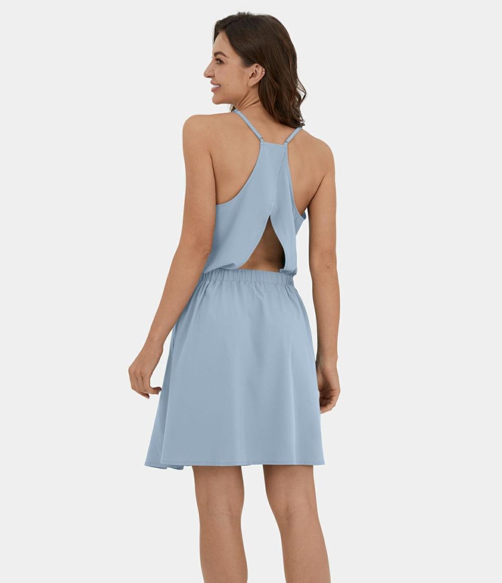 Breezeful™ Adjustable Strap Backless Cut Out Side Pocket Pleated Mini Quick Dry Casual Dress  | Womens  Mini Dresses Clothing Mineral Blue/Black/Thin Ice Blue/Deep Crimson/Black Diamond Blue/Ghost Gray/Flame Red/Blush Orange/Peach Melba