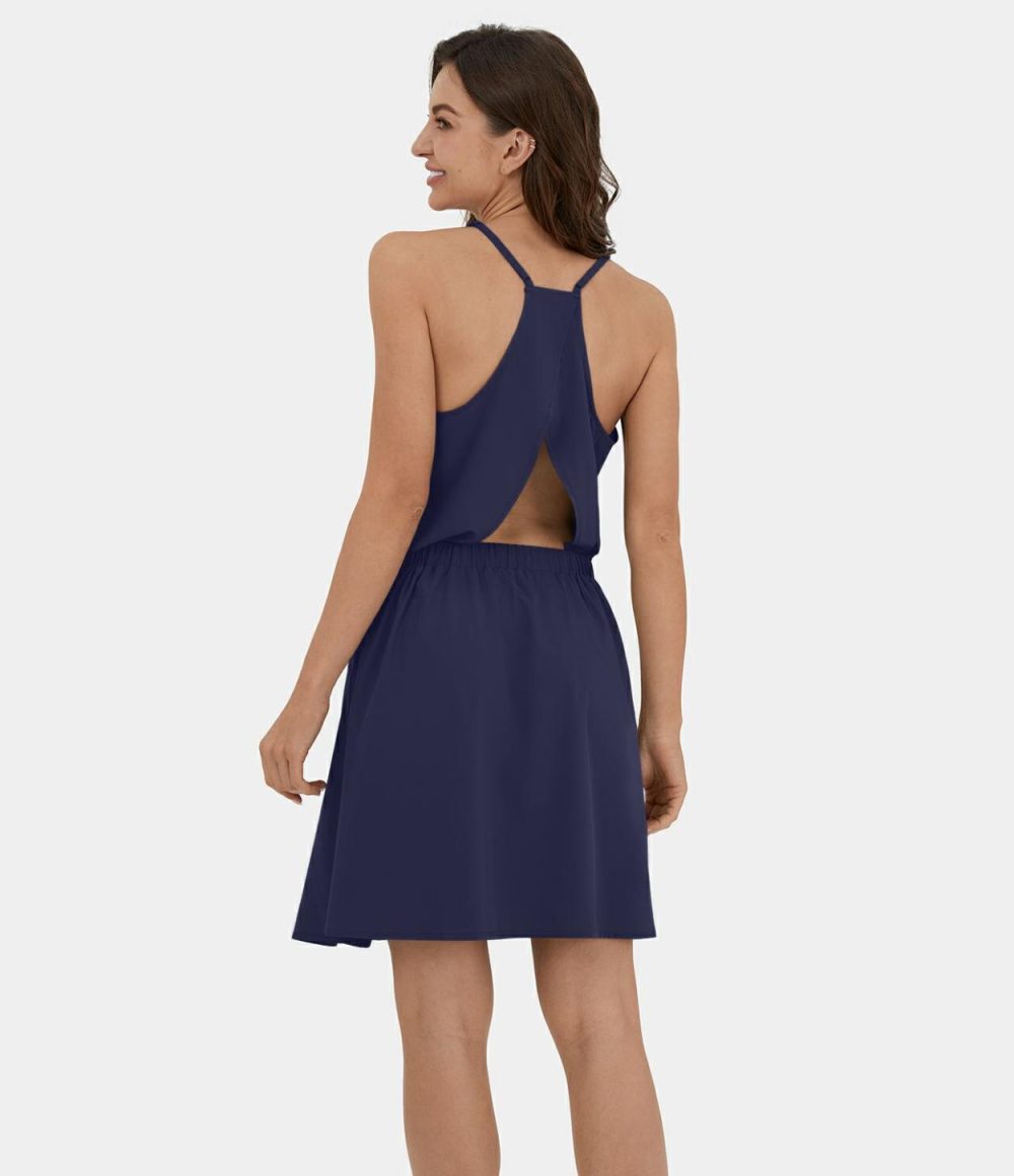 Breezeful™ Adjustable Strap Backless Cut Out Side Pocket Pleated Mini Quick Dry Casual Dress  | Womens  Mini Dresses Clothing Mineral Blue/Black/Thin Ice Blue/Deep Crimson/Black Diamond Blue/Ghost Gray/Flame Red/Blush Orange/Peach Melba