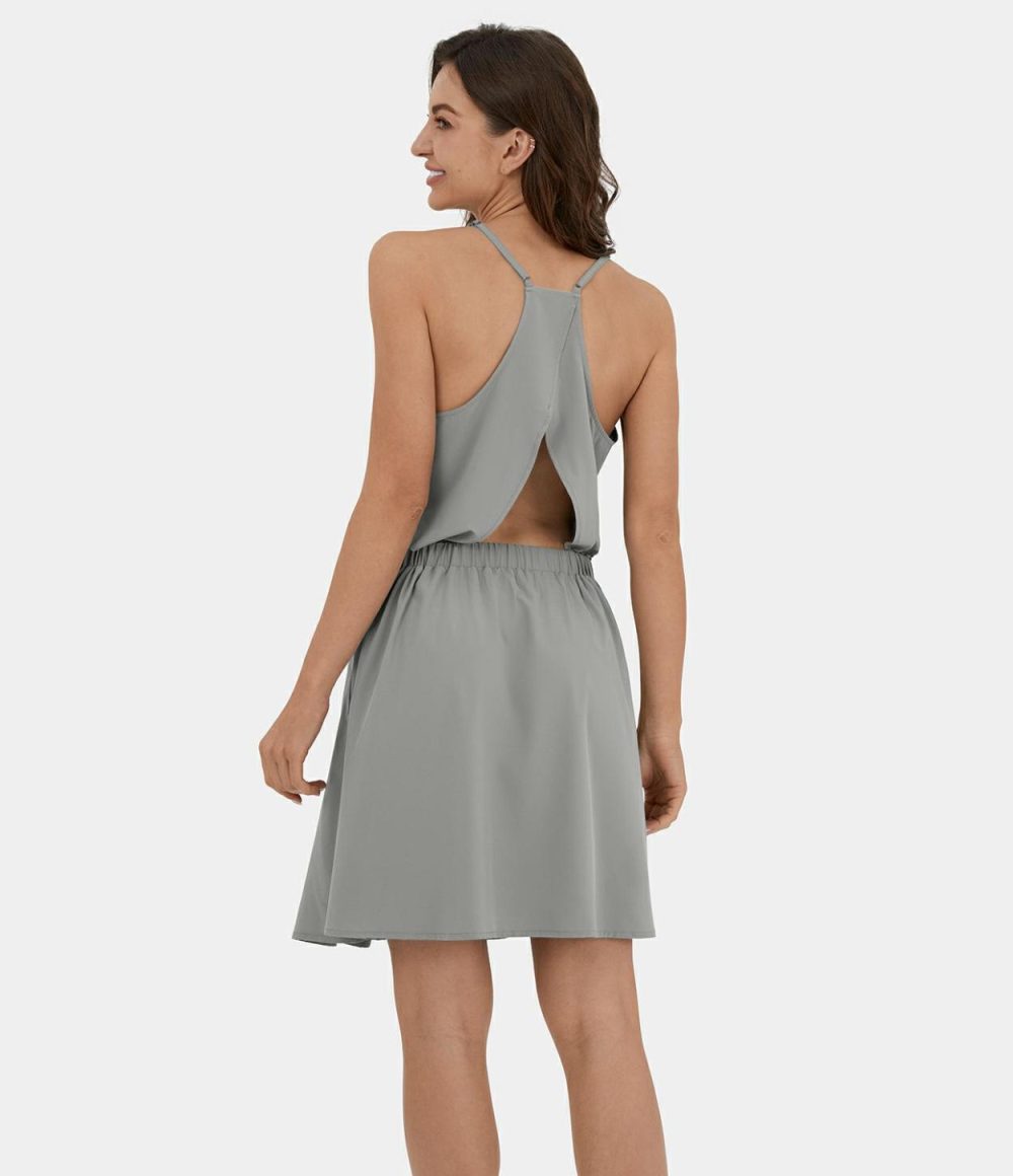 Breezeful™ Adjustable Strap Backless Cut Out Side Pocket Pleated Mini Quick Dry Casual Dress  | Womens  Mini Dresses Clothing Mineral Blue/Black/Thin Ice Blue/Deep Crimson/Black Diamond Blue/Ghost Gray/Flame Red/Blush Orange/Peach Melba